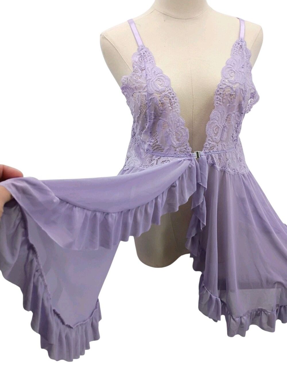Mini Dress G-String Underwear Bodysuit Sleepwear Sheer Lace Purple Babydoll XXL